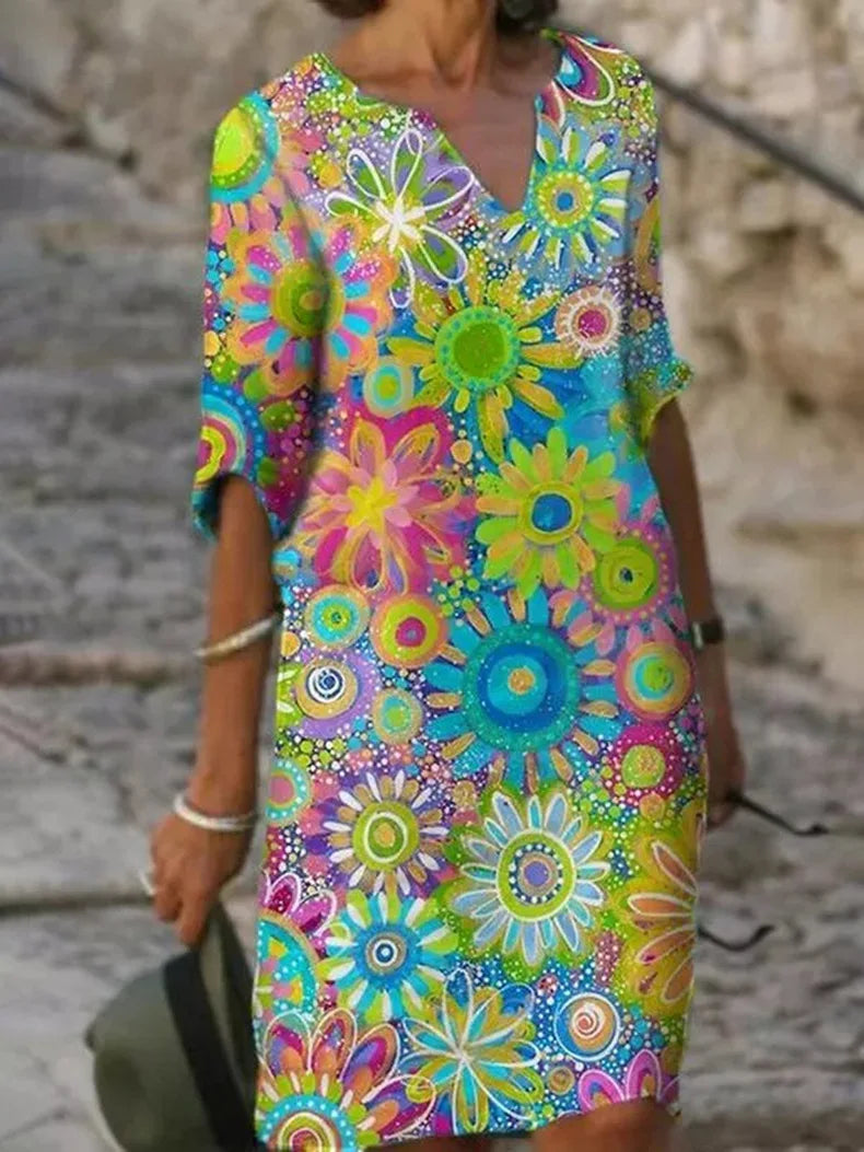 Lystra - Playful Floral Print Dress for Warm Weather Events