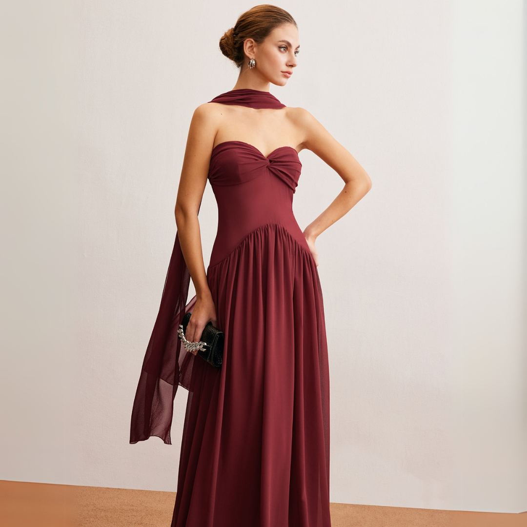 Angela - Elegant Burgundy Chiffon Maxi Dress for Timeless Style