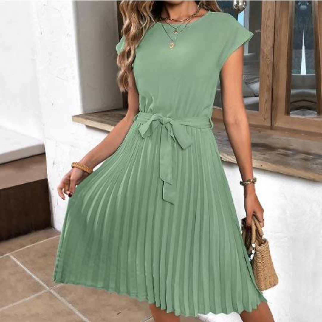 Denby - Flirty Pleated Mini Dress with Short Sleeves and Belted Waist