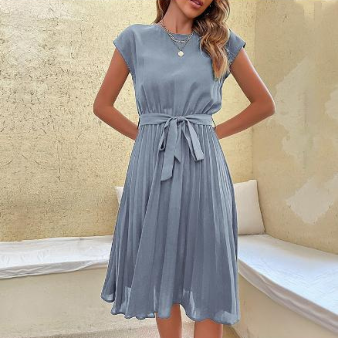 Denby - Flirty Pleated Mini Dress with Short Sleeves and Belted Waist