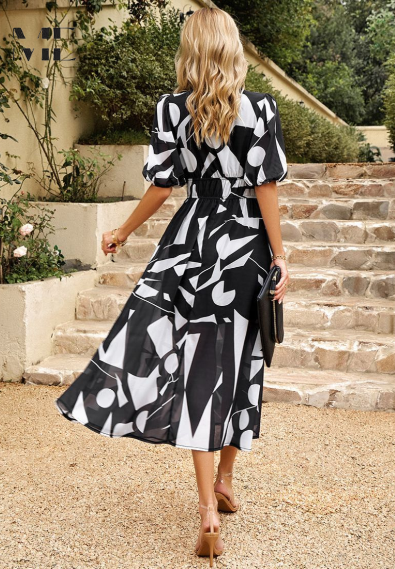 Leanne - Elegant Floral Midi Dress with Puff Sleeves