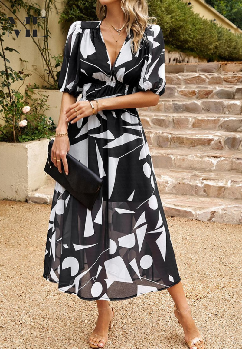Leanne - Elegant Floral Midi Dress with Puff Sleeves