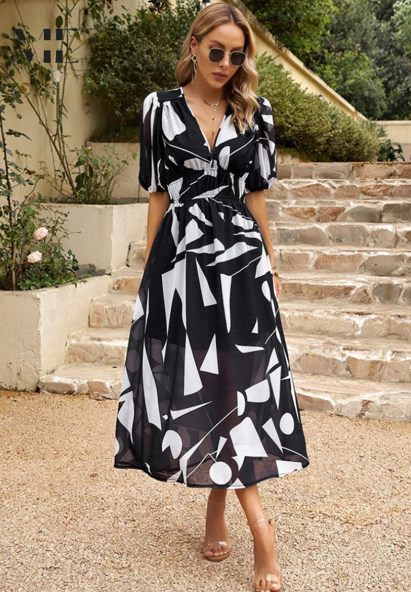 Leanne - Elegant Floral Midi Dress with Puff Sleeves