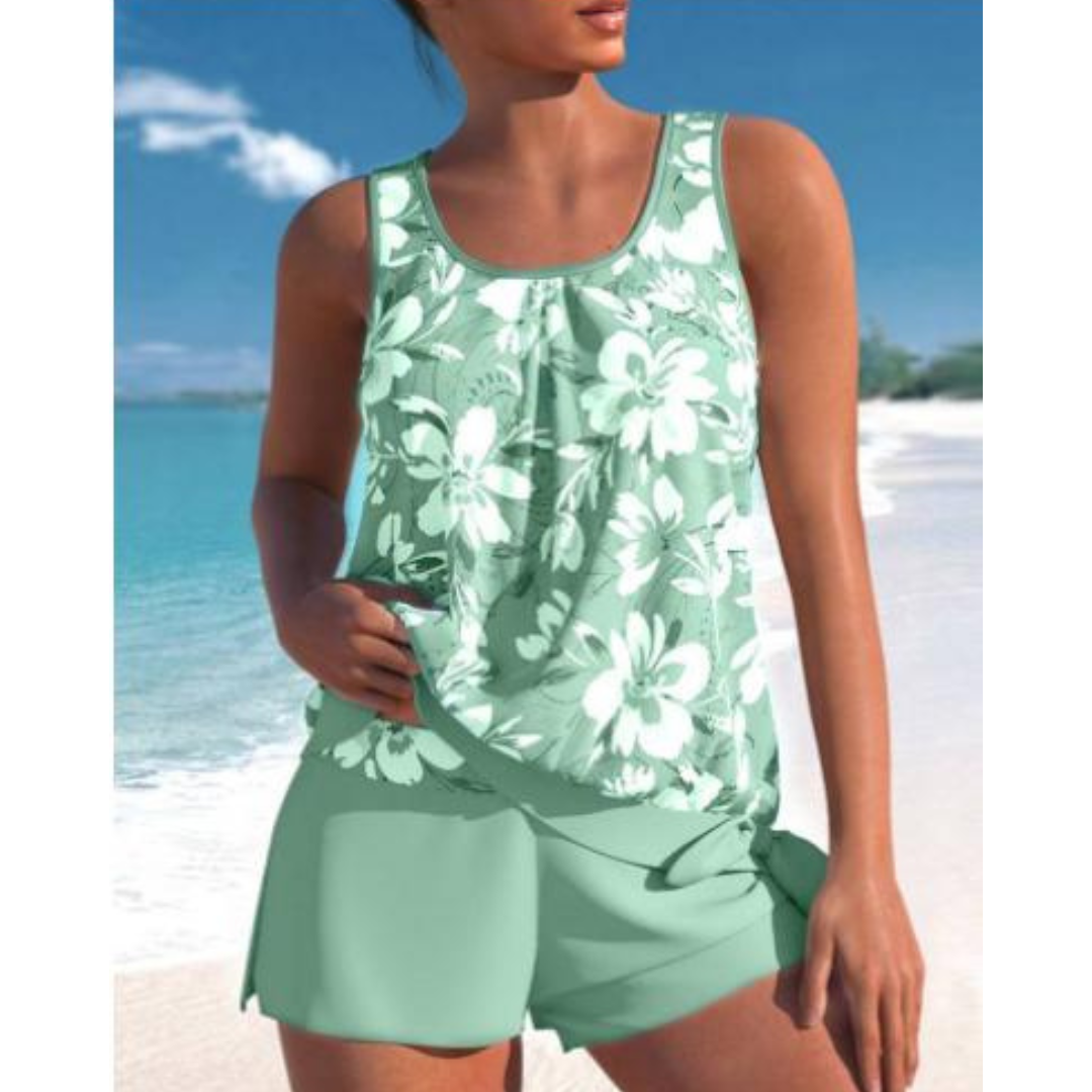 Adalina - Stylish Women's Two-Tone Floral Print Tankini Set