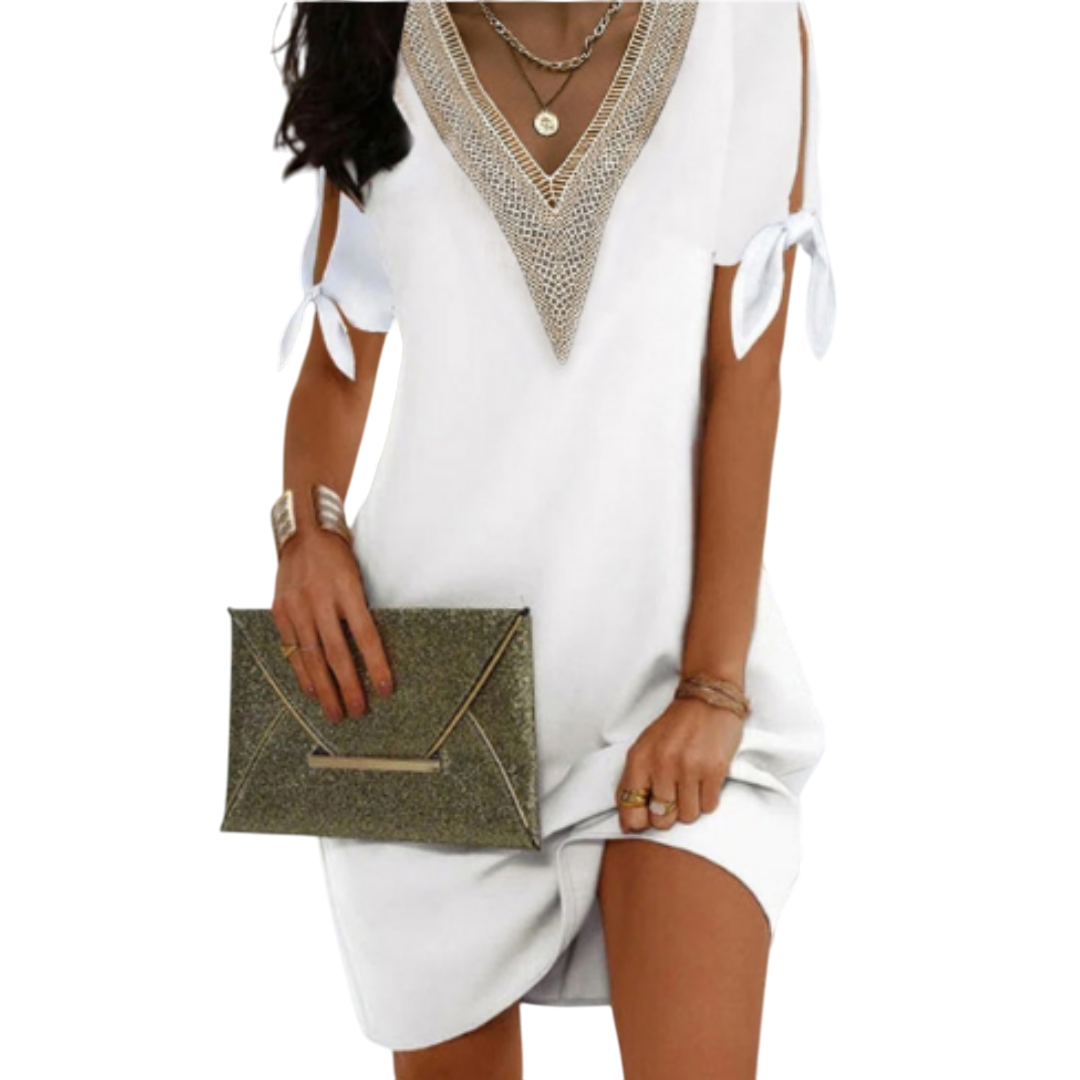 Dot - Sophisticated V-neck Tunic Dress for Women in White