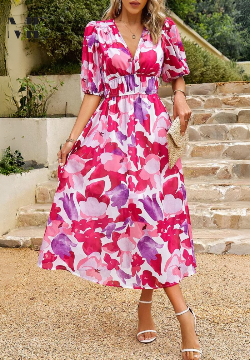 Leanne - Elegant Floral Midi Dress with Puff Sleeves