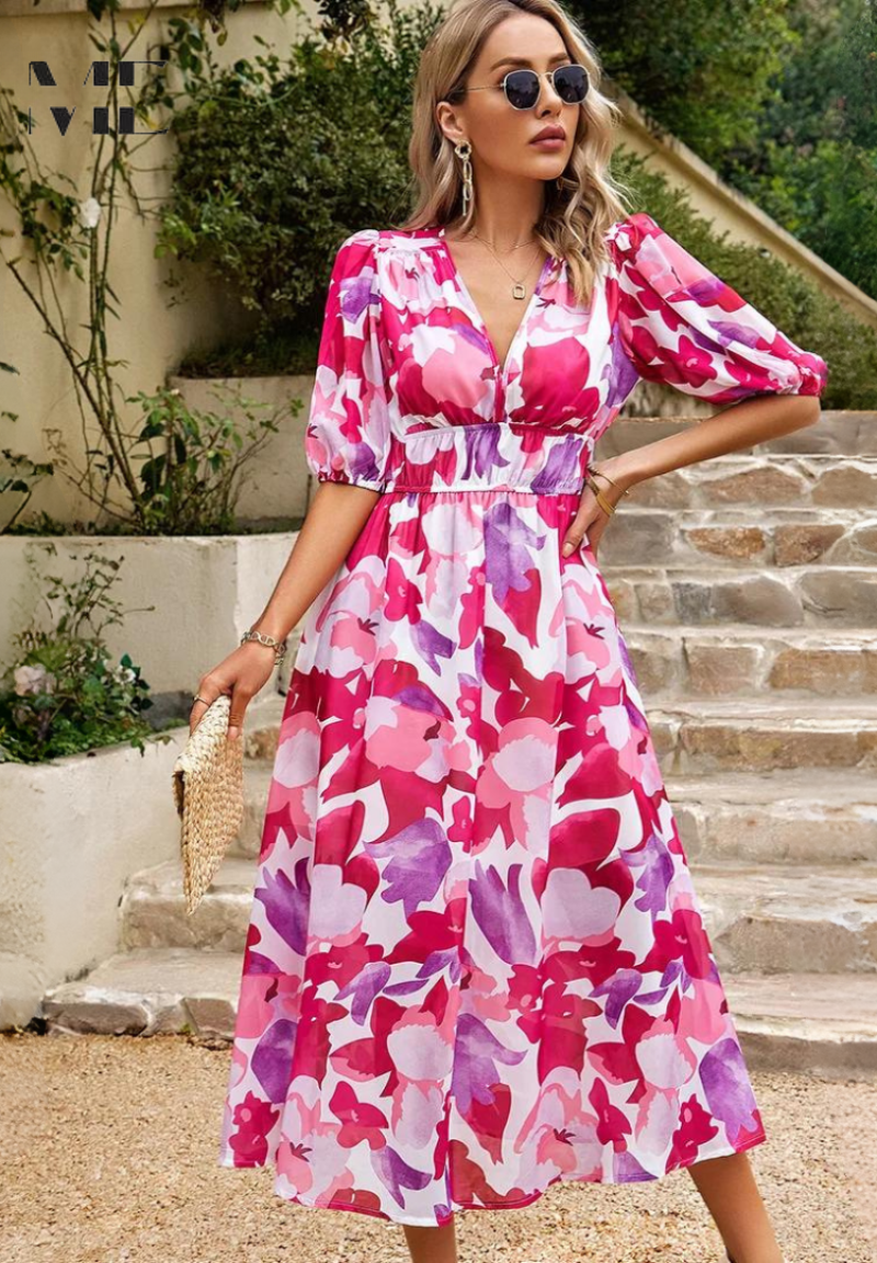 Leanne - Elegant Floral Midi Dress with Puff Sleeves