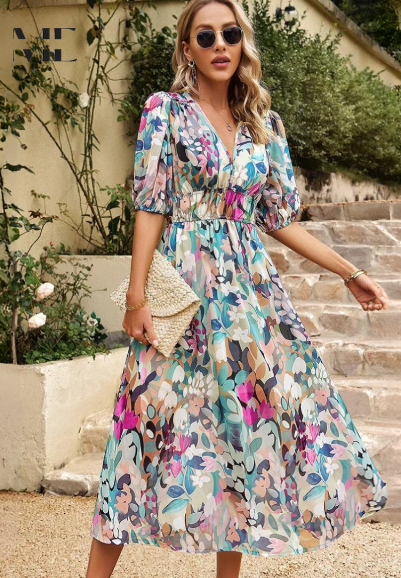 Leanne - Elegant Floral Midi Dress with Puff Sleeves