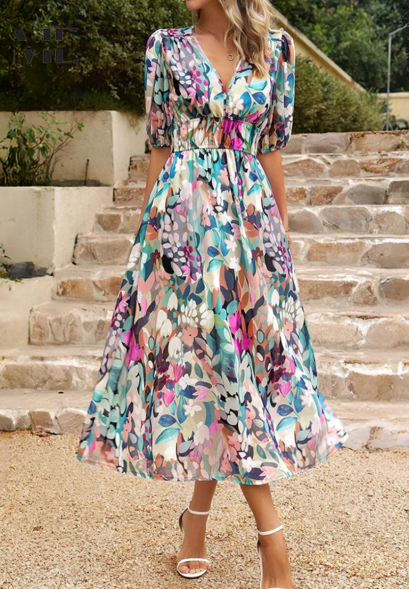 Leanne - Elegant Floral Midi Dress with Puff Sleeves