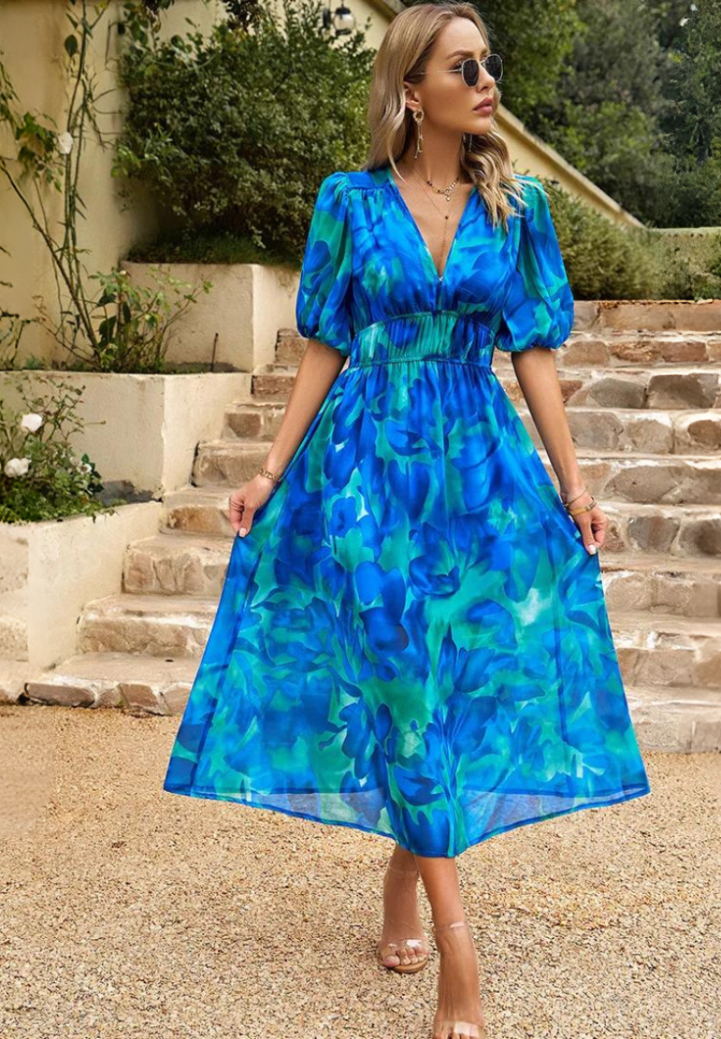 Leanne - Elegant Floral Midi Dress with Puff Sleeves