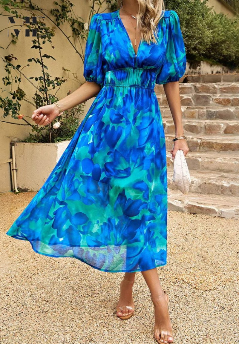 Leanne - Elegant Floral Midi Dress with Puff Sleeves