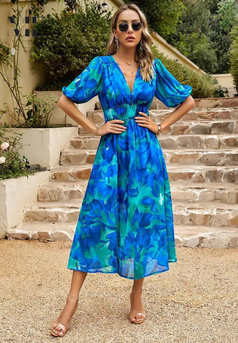 Leanne - Elegant Floral Midi Dress with Puff Sleeves