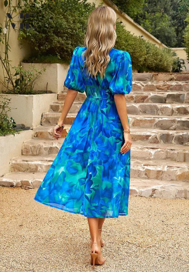 Leanne - Elegant Floral Midi Dress with Puff Sleeves