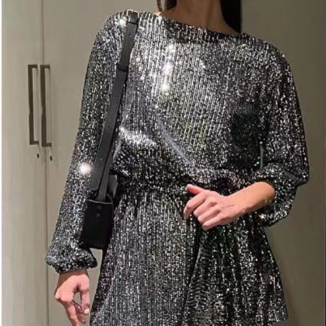 Nance - Stunning Sequin Mini Dress with Pleated Waist and Wide Sleeves