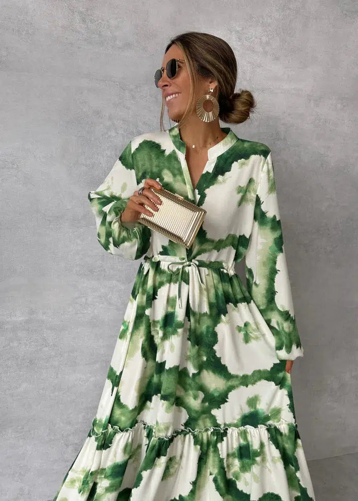 Afton - Elegant Women's Maxi Dress with Long Sleeves and V-Neck Design