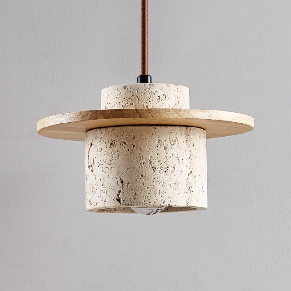 Elvora - Travertine Pendant Lamp Natural Stone With Wood Ring Design
