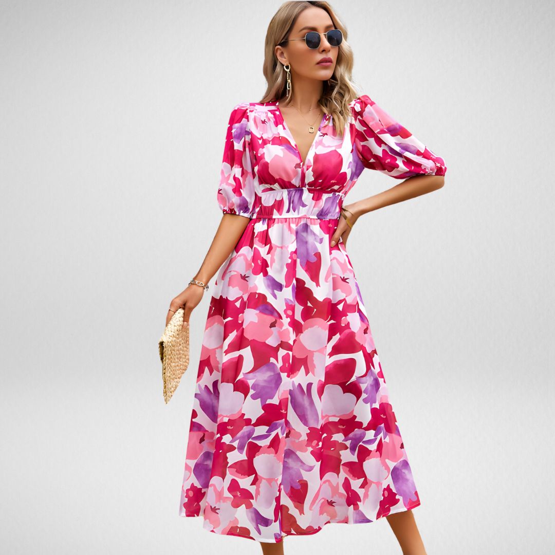 Kaia - Elegant Women's V-neck Dress with Vintage Charm