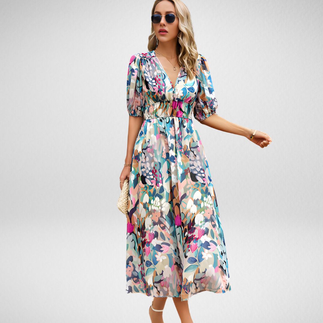 Kaia - Elegant Women's V-neck Dress with Vintage Charm