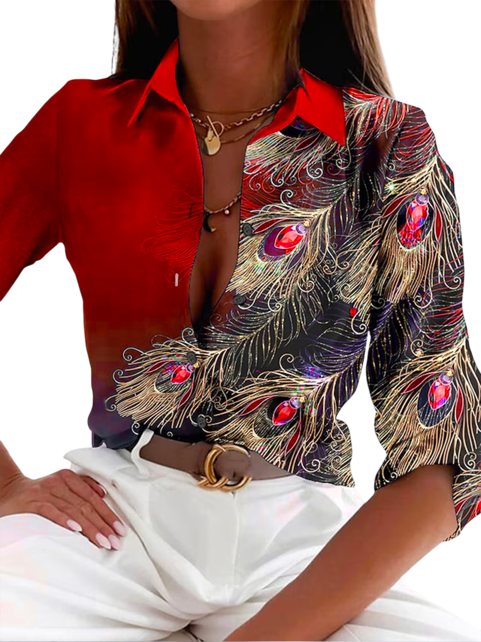 Brigitta- Elegant Women's Feather Print Blouse in Vibrant Colors