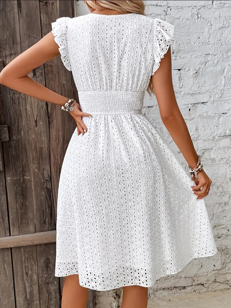 Carlie - Elegant Women's Ruffle Dress with Cinched Waist and Charming Neckline