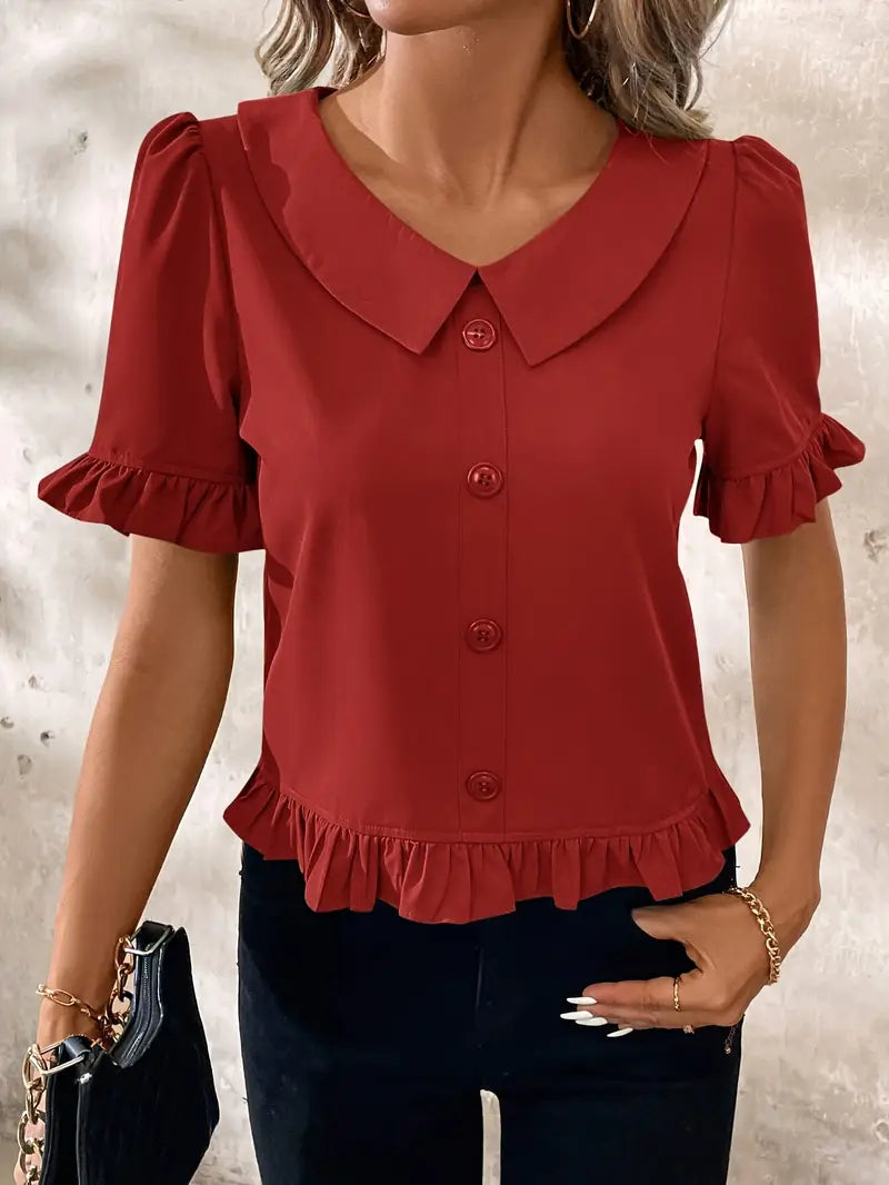 Diana - Elegant Blouse with Ruffle Trim and Button Front
