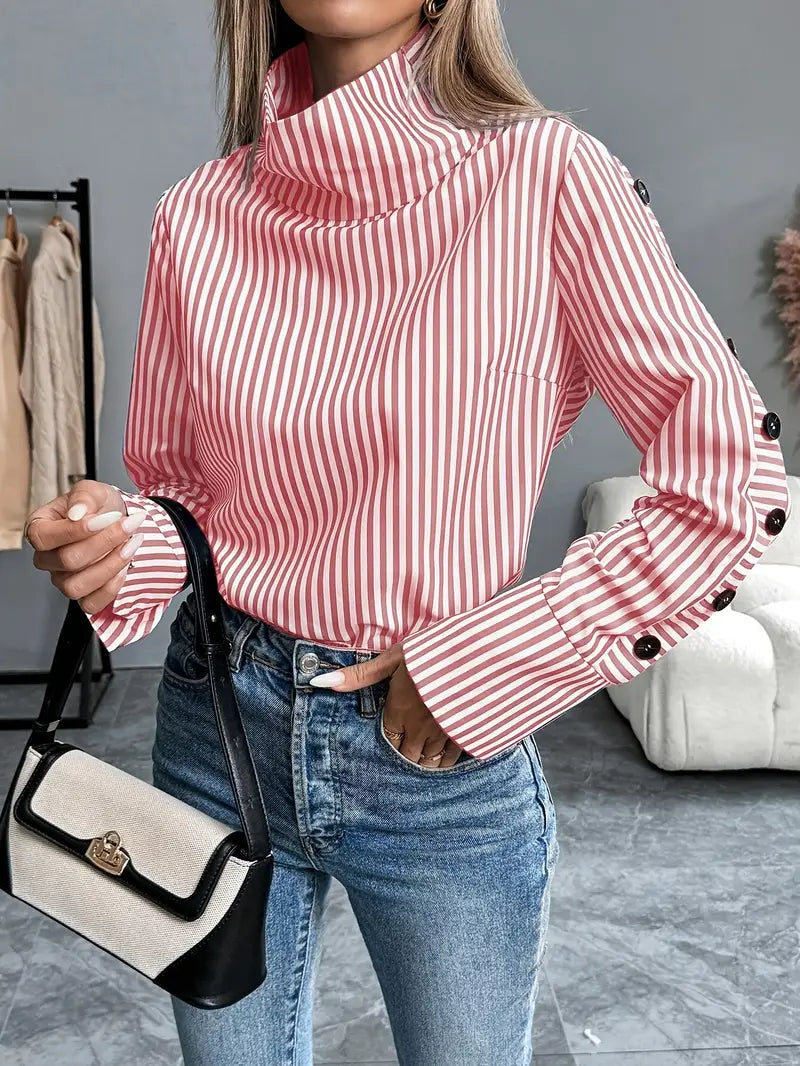 Kathleen - Stylish Striped Blouse with High Collar and Button Cuffs