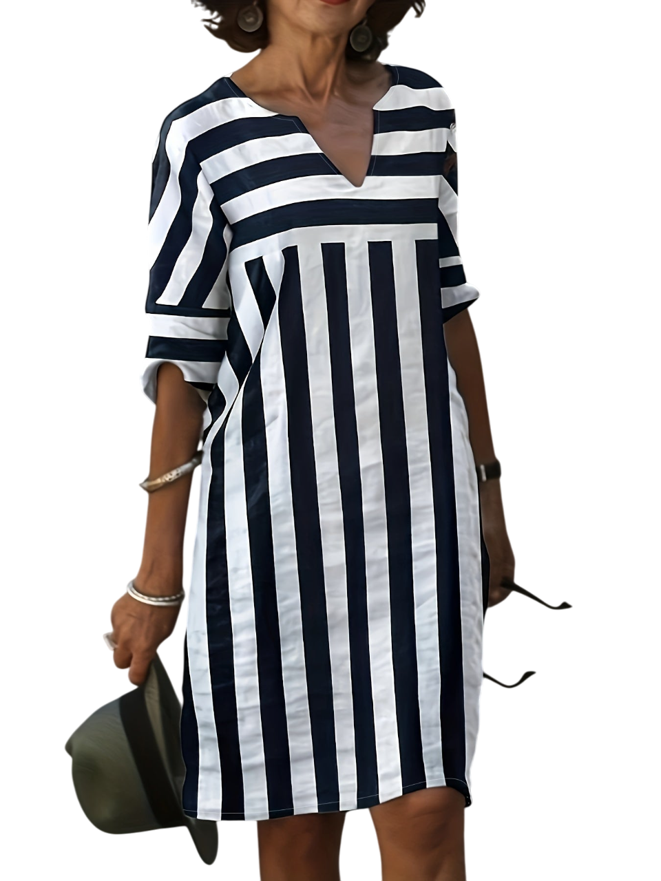 Kara-Lee - Elegant Striped Dress for Women with V-neck and Mid-length Design