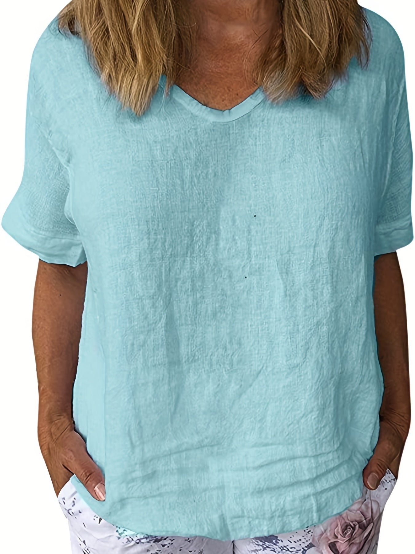 Rahima - Elegant Women's White V-Neck Linen Blouse with Semi-Sheer Quality