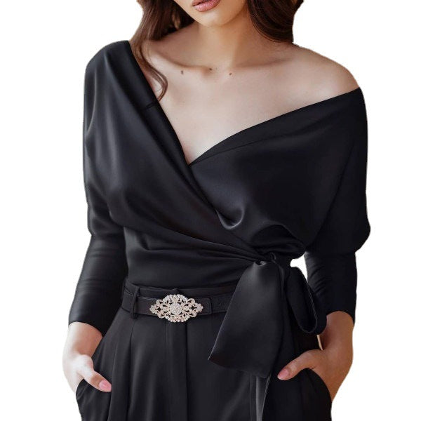 Cosette - Elegant V-neck Satin Blouse with Stylish Bow Detail