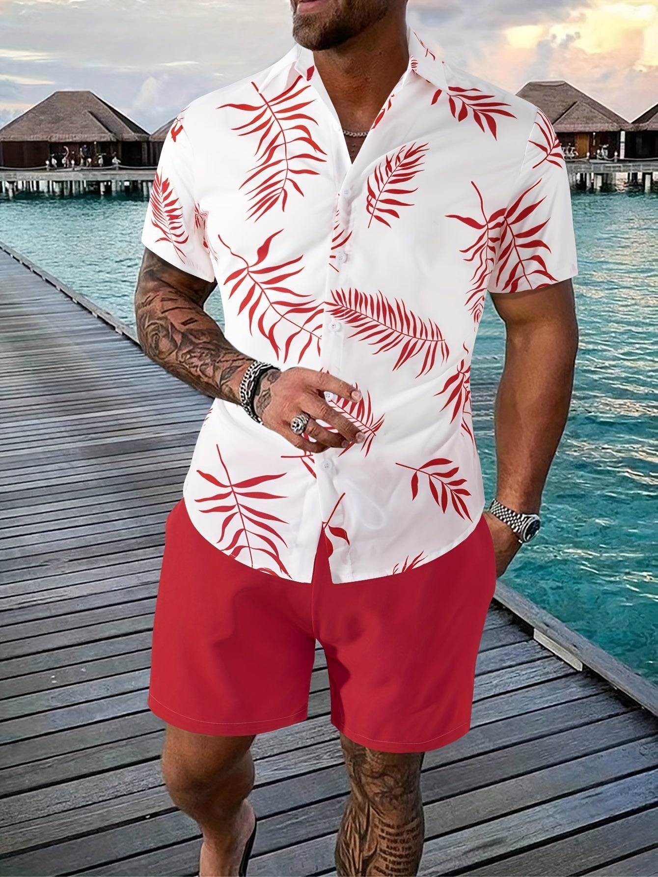 Justice - Stylish Men's Summer Set with Leaf Pattern and Comfortable Shorts