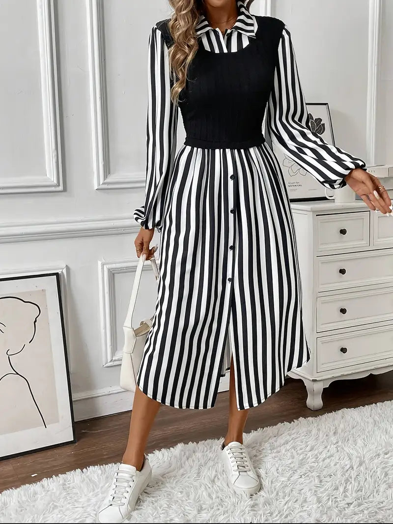 Candice - Elegant Striped Midi Dress with Collared Neckline and Long Sleeves