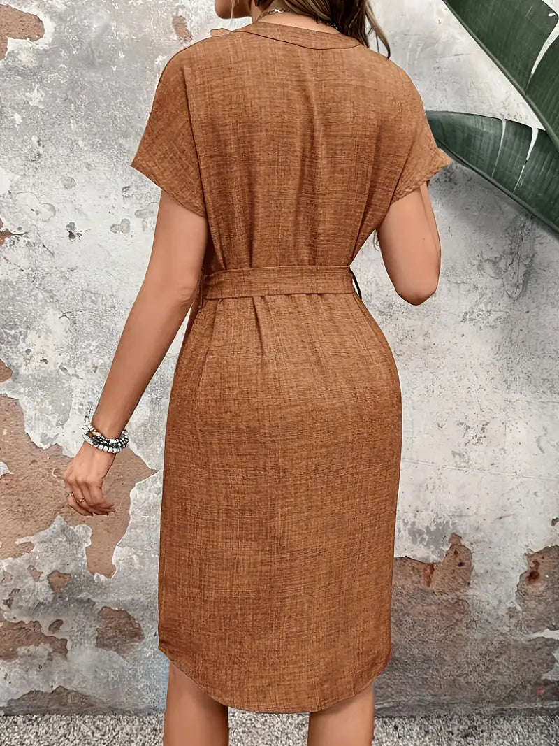 Agatha - Chic Short-Sleeved Cotton Dress with Detachable Waist Belt