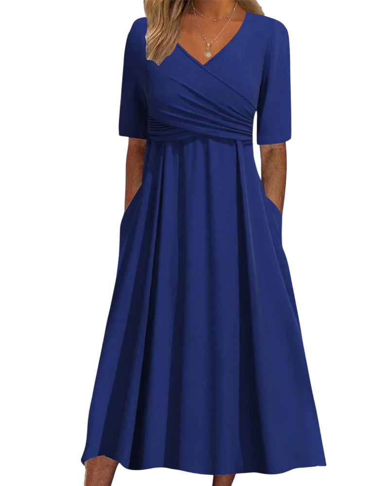 Monica - Elegant Crossover Midi Dress with A-line Silhouette and V-neck