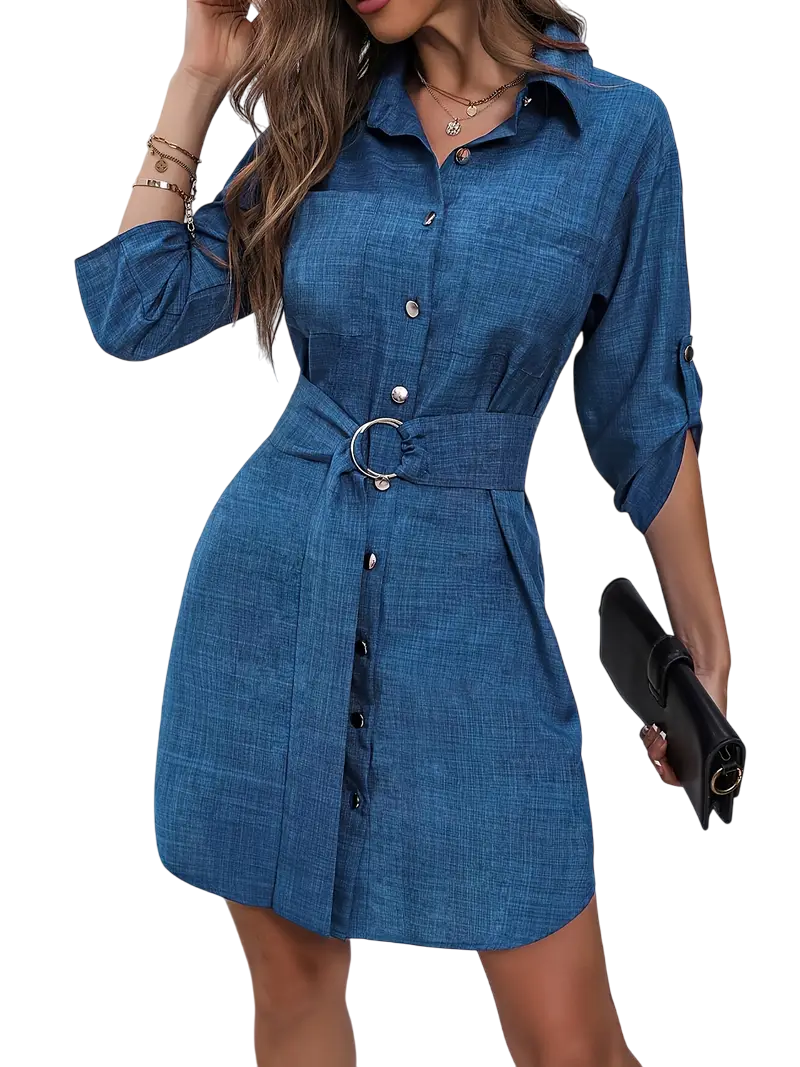Yara - Stylish Cotton Denim Shirt Dress with Belted Waist