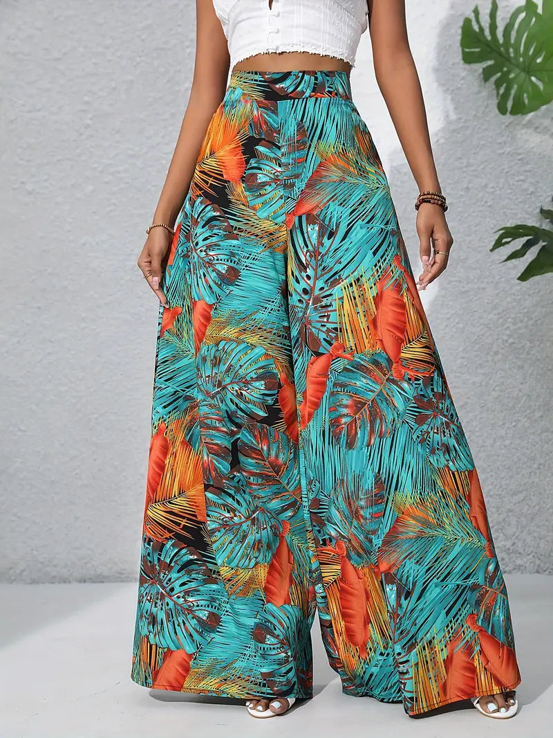 Bridget - Tropical Print Wide Leg Trousers for Effortless Chic Style