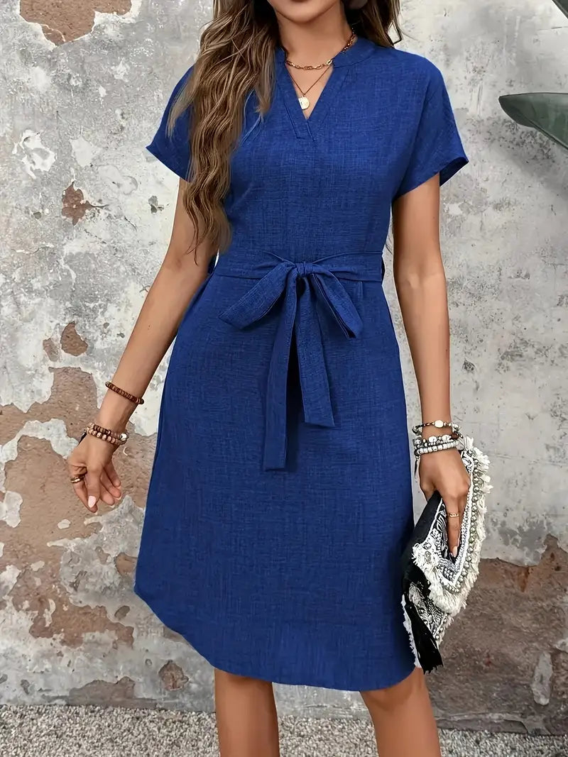 Agatha - Chic Short-Sleeved Cotton Dress with Detachable Waist Belt