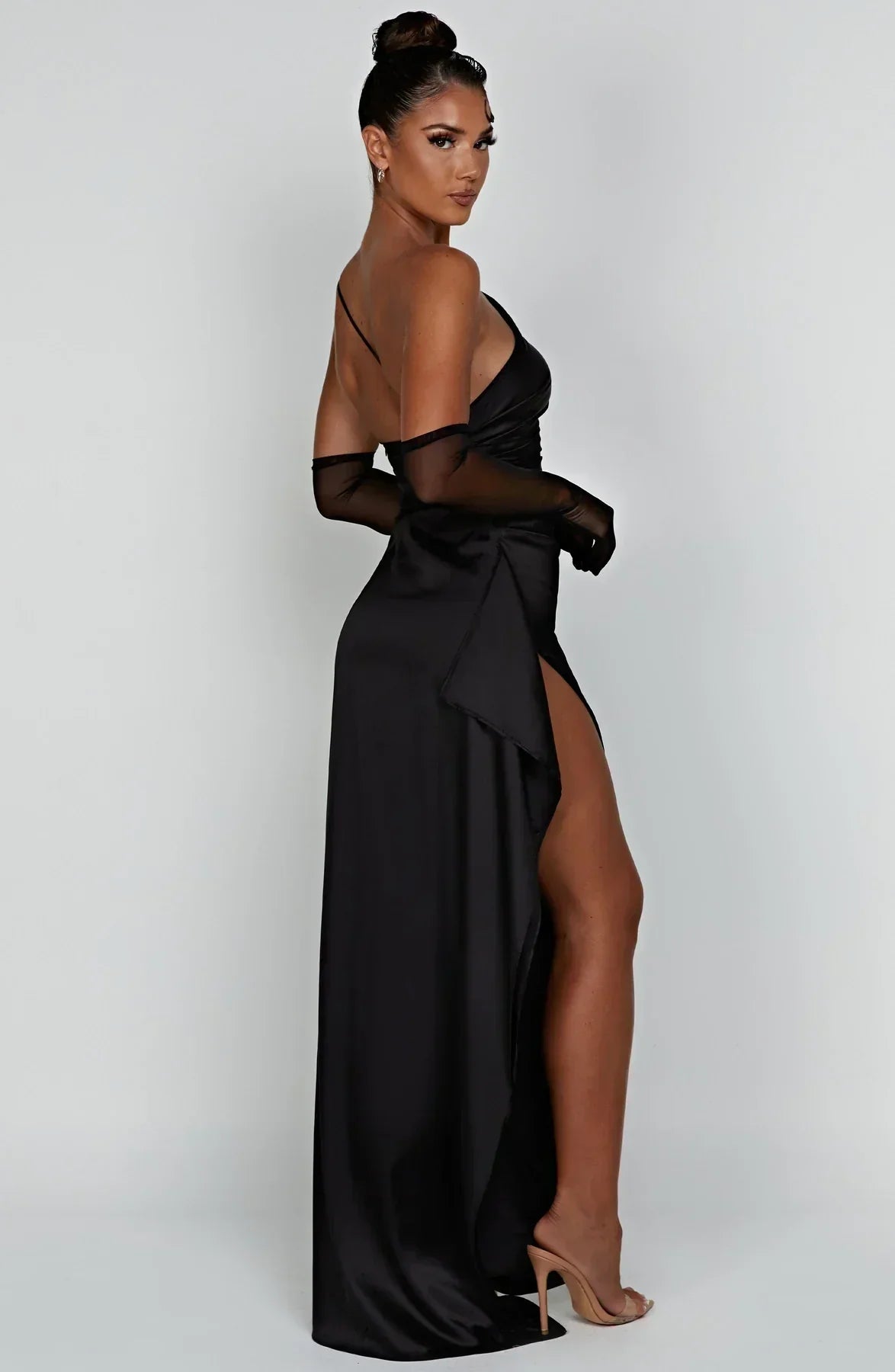 Olivianne - Elegant Pleated Satin Slit Dress with One-Shoulder Design