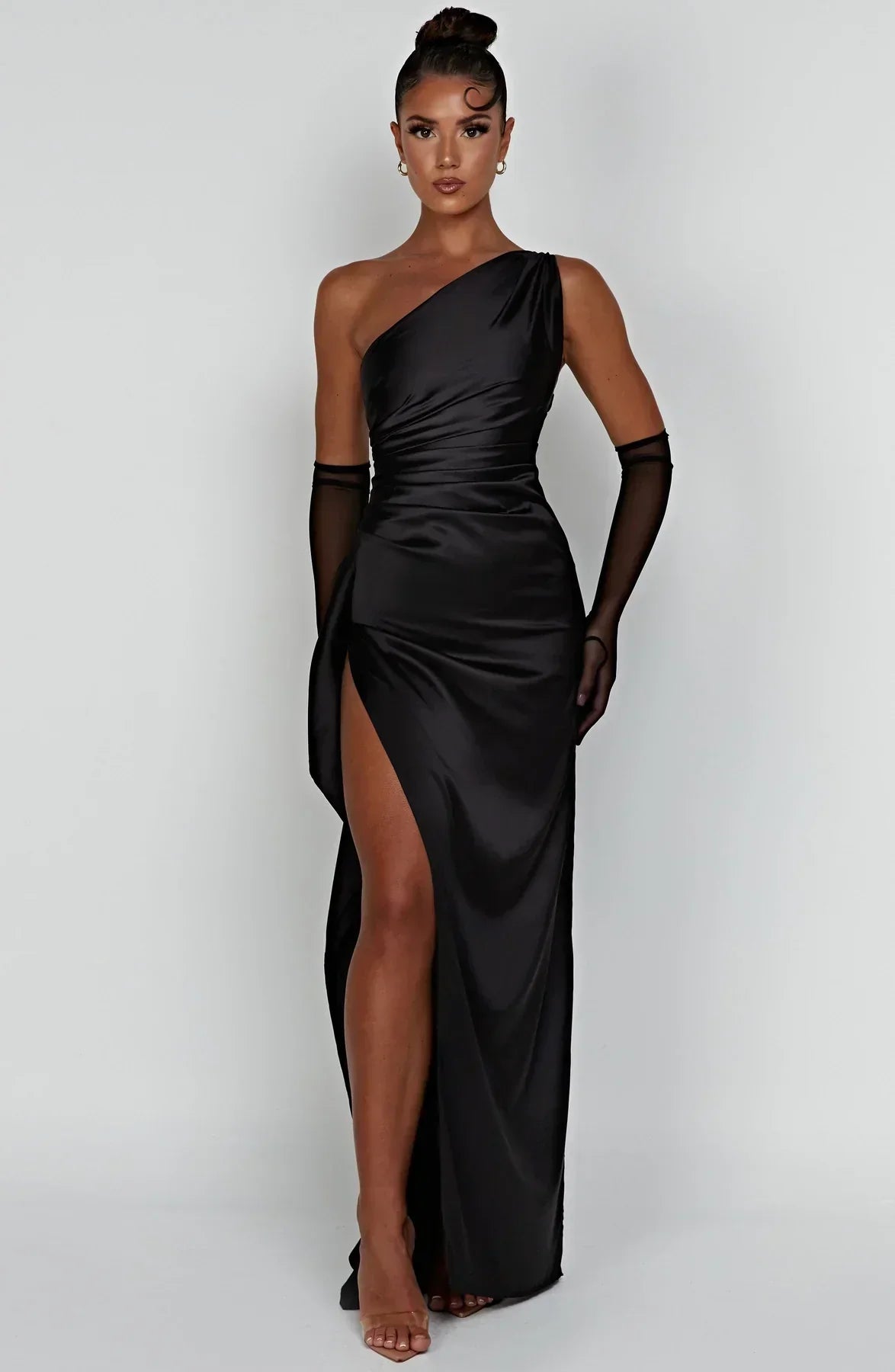Olivianne - Elegant Pleated Satin Slit Dress with One-Shoulder Design