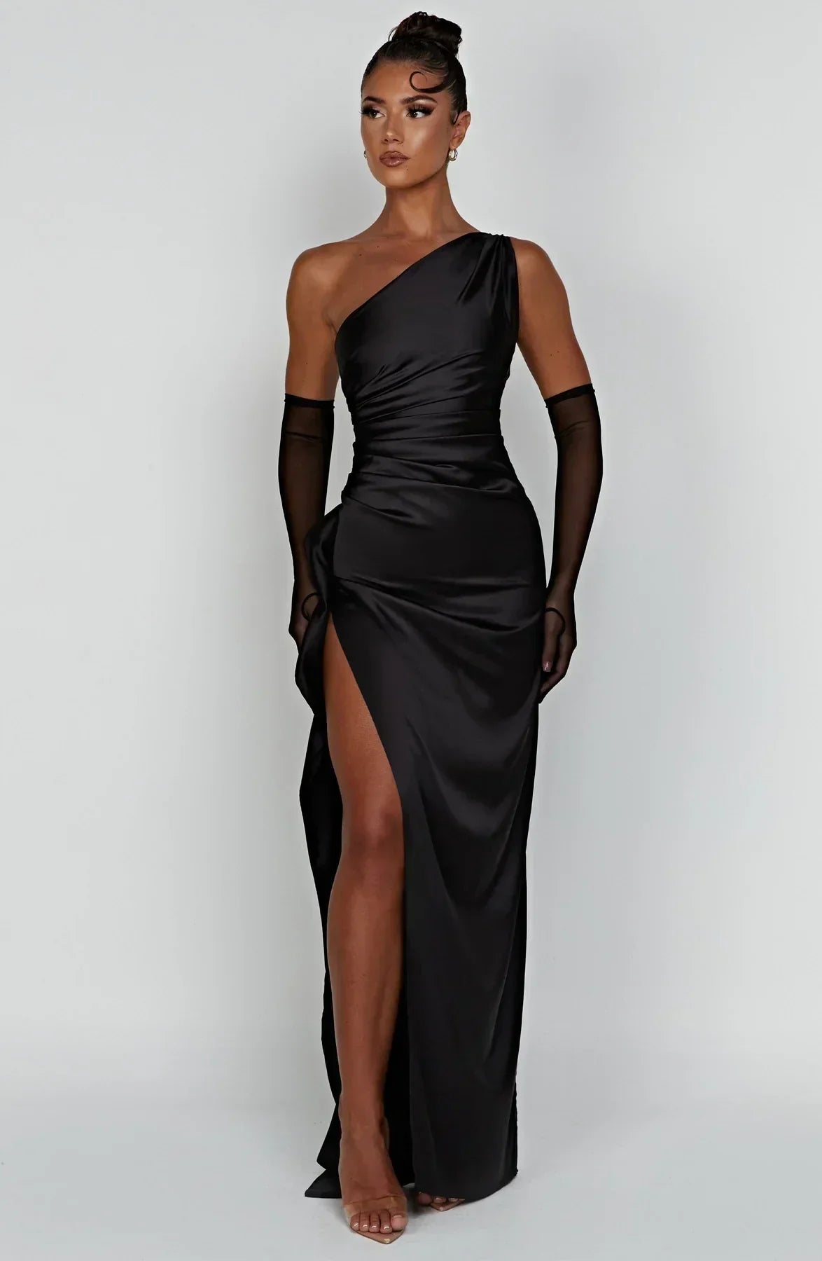 Olivianne - Elegant Pleated Satin Slit Dress with One-Shoulder Design