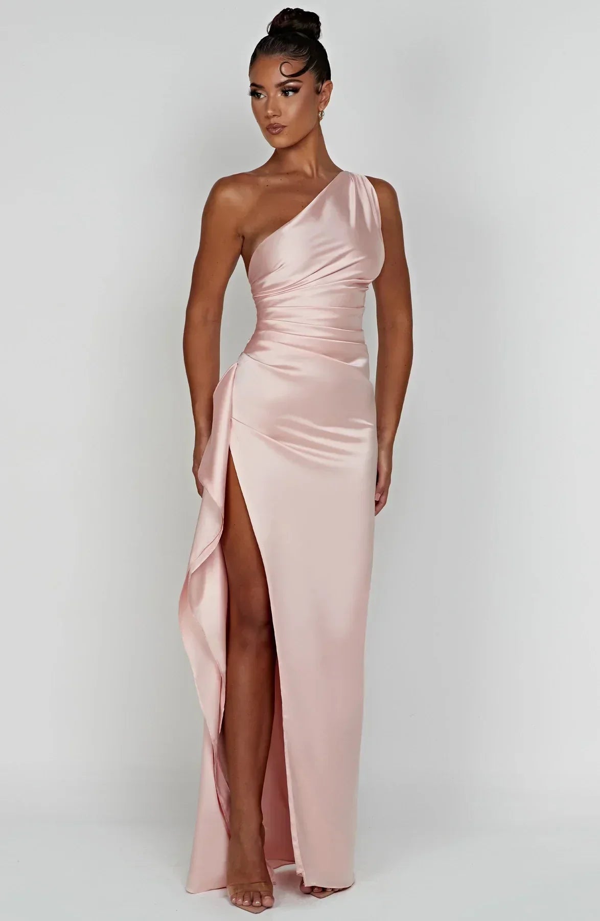 Olivianne - Elegant Pleated Satin Slit Dress with One-Shoulder Design