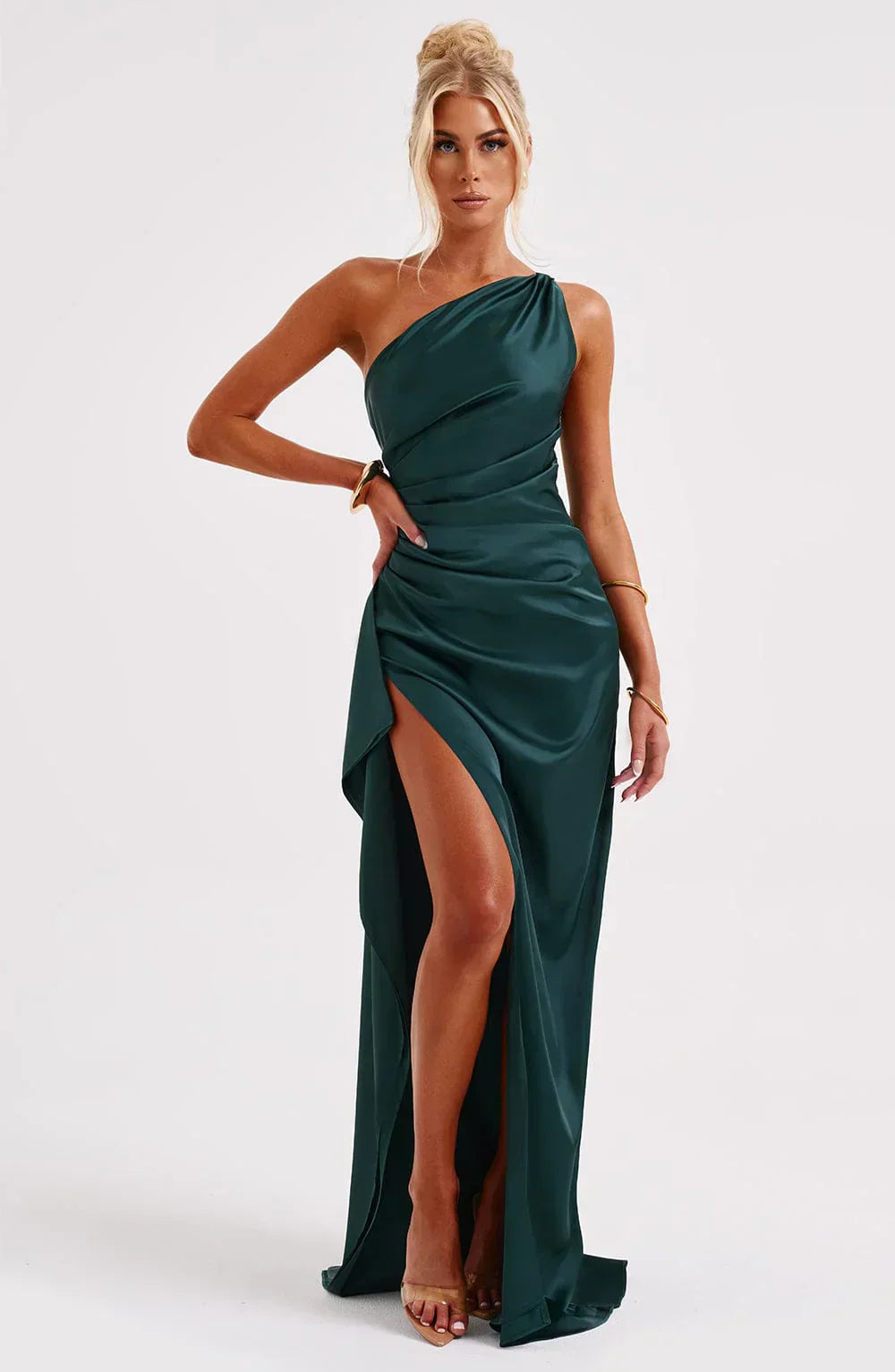 Olivianne - Elegant Pleated Satin Slit Dress with One-Shoulder Design