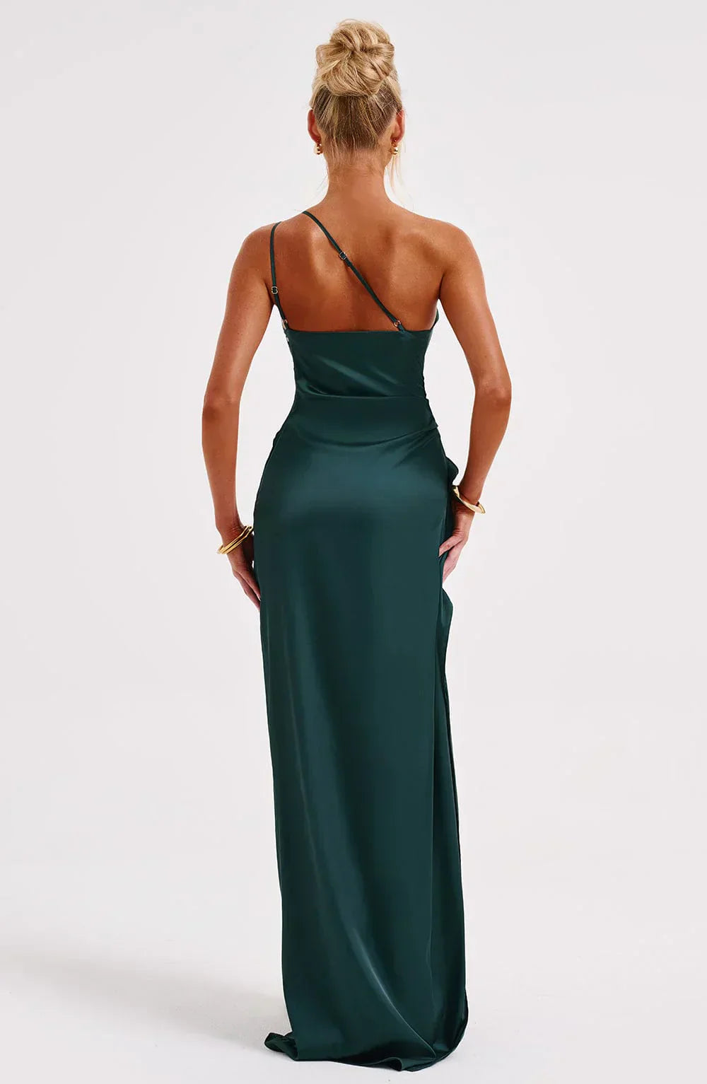 Olivianne - Elegant Pleated Satin Slit Dress with One-Shoulder Design