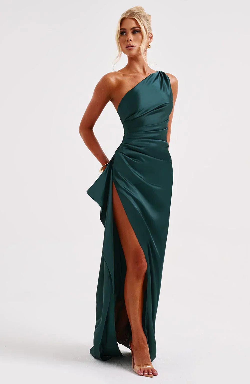 Olivianne - Elegant Pleated Satin Slit Dress with One-Shoulder Design