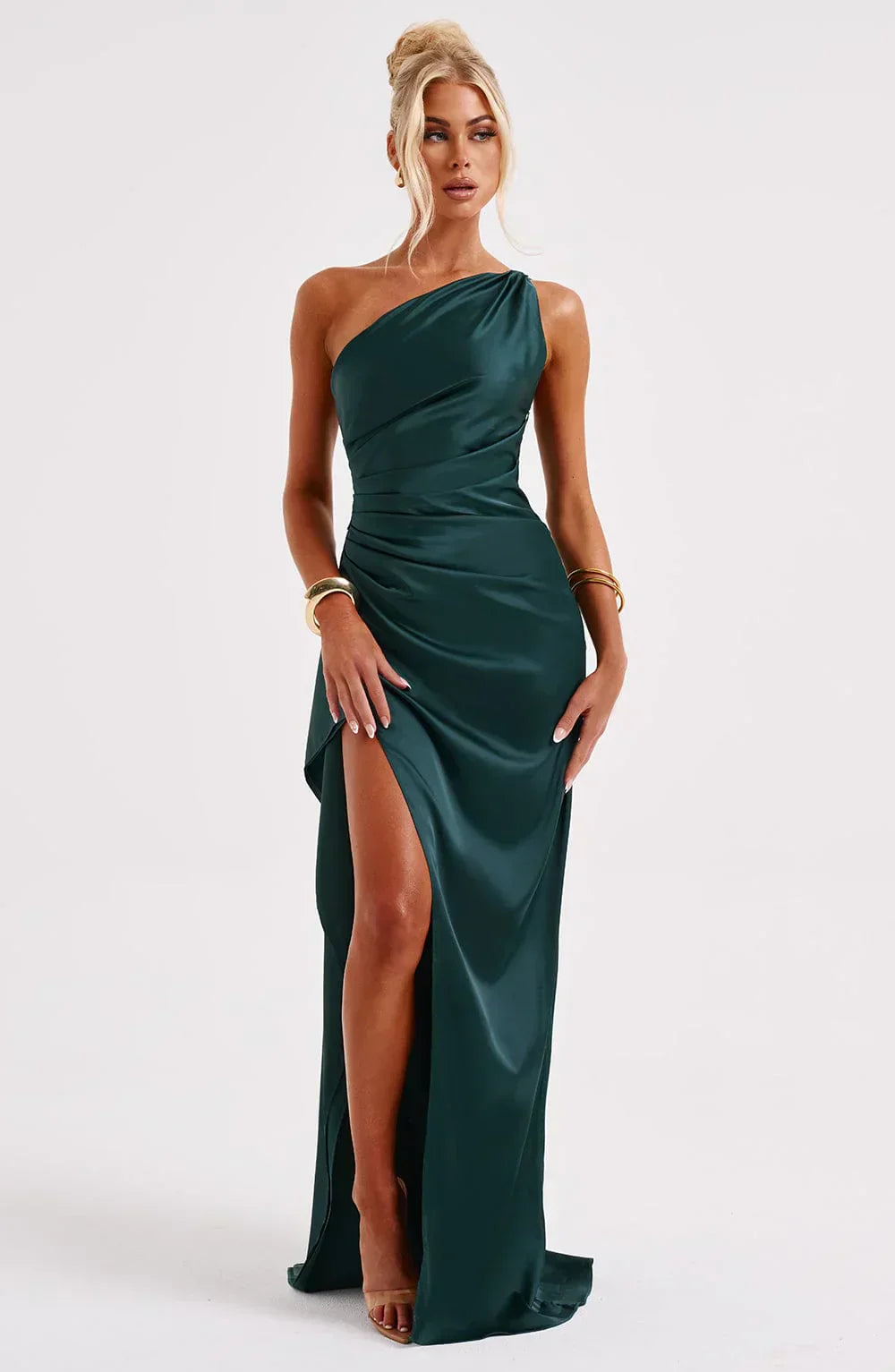Olivianne - Elegant Pleated Satin Slit Dress with One-Shoulder Design