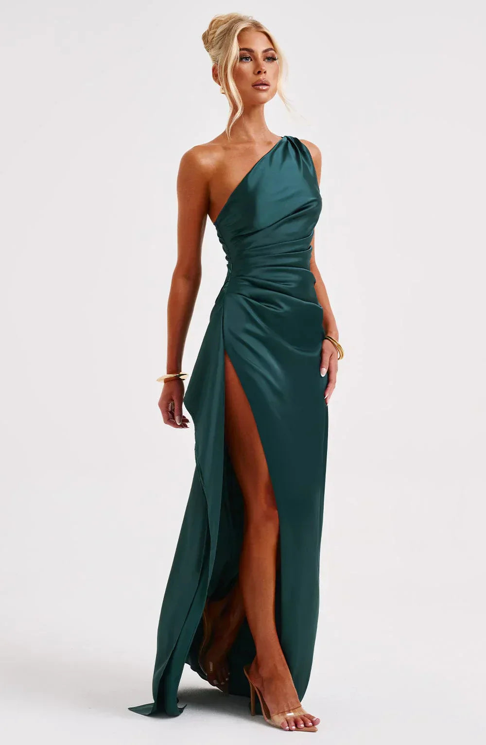 Olivianne - Elegant Pleated Satin Slit Dress with One-Shoulder Design
