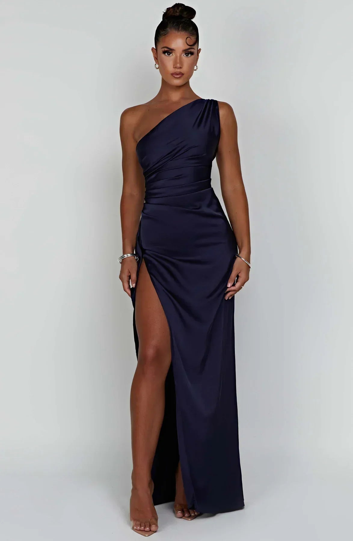 Olivianne - Elegant Pleated Satin Slit Dress with One-Shoulder Design