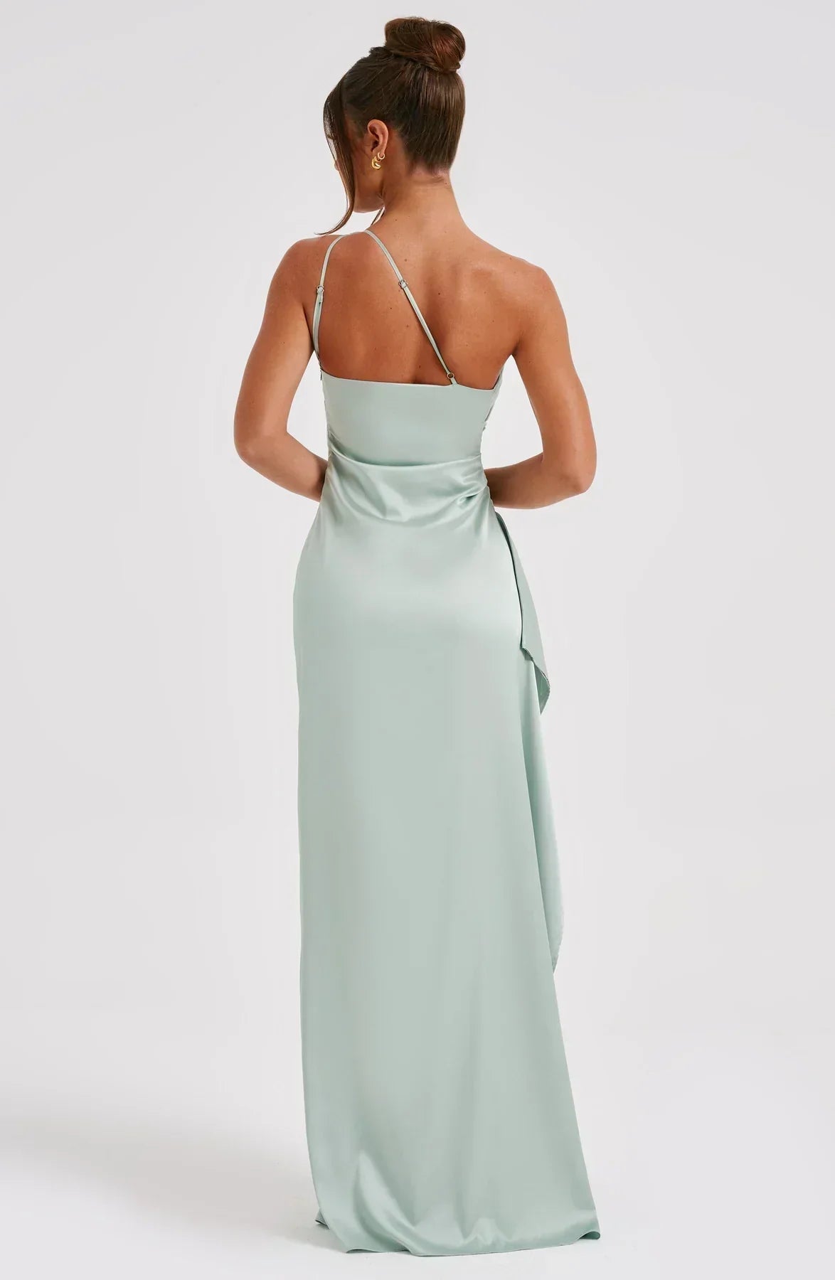 Olivianne - Elegant Pleated Satin Slit Dress with One-Shoulder Design
