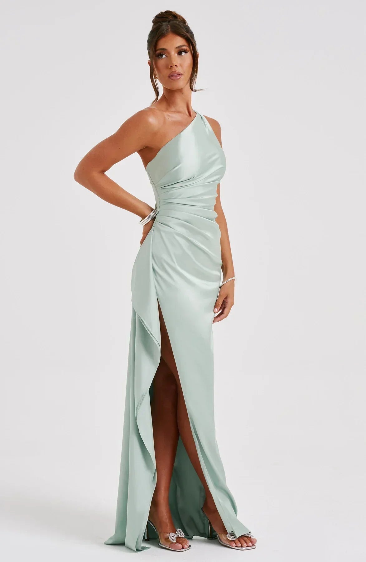Olivianne - Elegant Pleated Satin Slit Dress with One-Shoulder Design