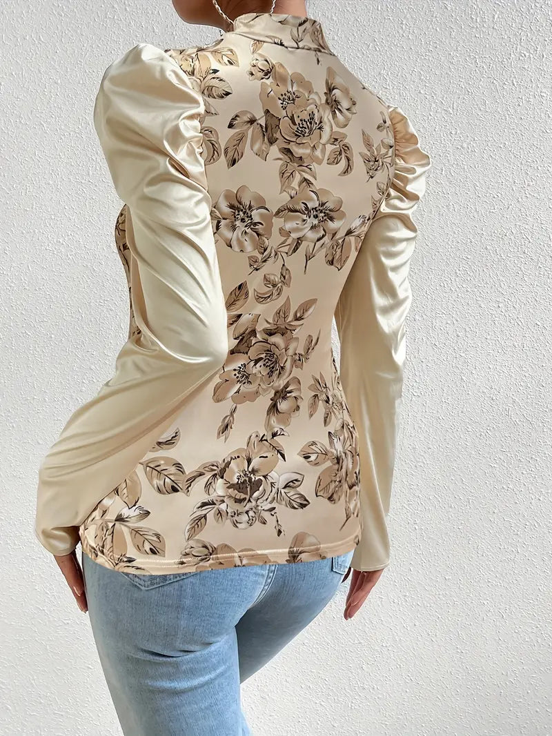 Uma - Elegant Floral Satin Top with Puff Sleeves and High Neckline