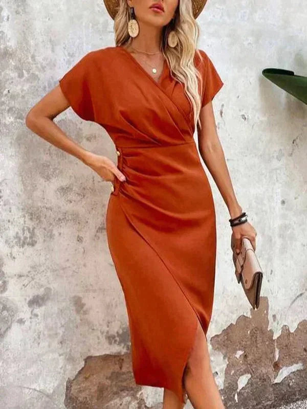 Chael - Elegant Women's V-neck Midi Dress in Vibrant Orange